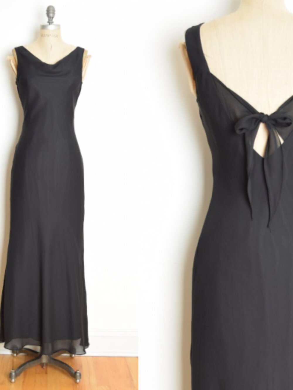 vintage Y2K prom dress black draped whimsigoth knot cutout maxi gown party S